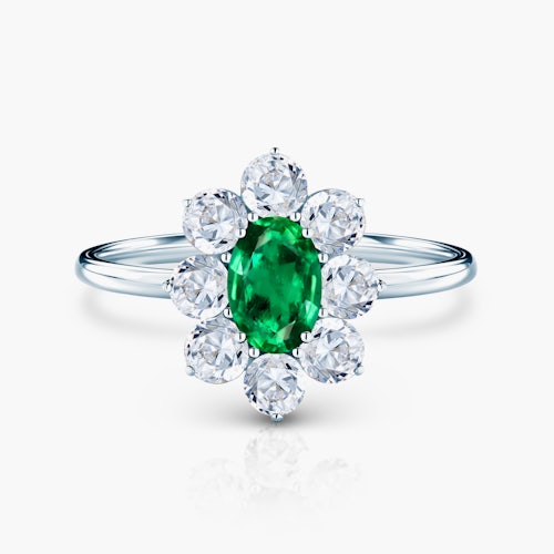 Pierścionek zaręczynowy SAVICKI: białe złoto, szmaragd, białe szafiry